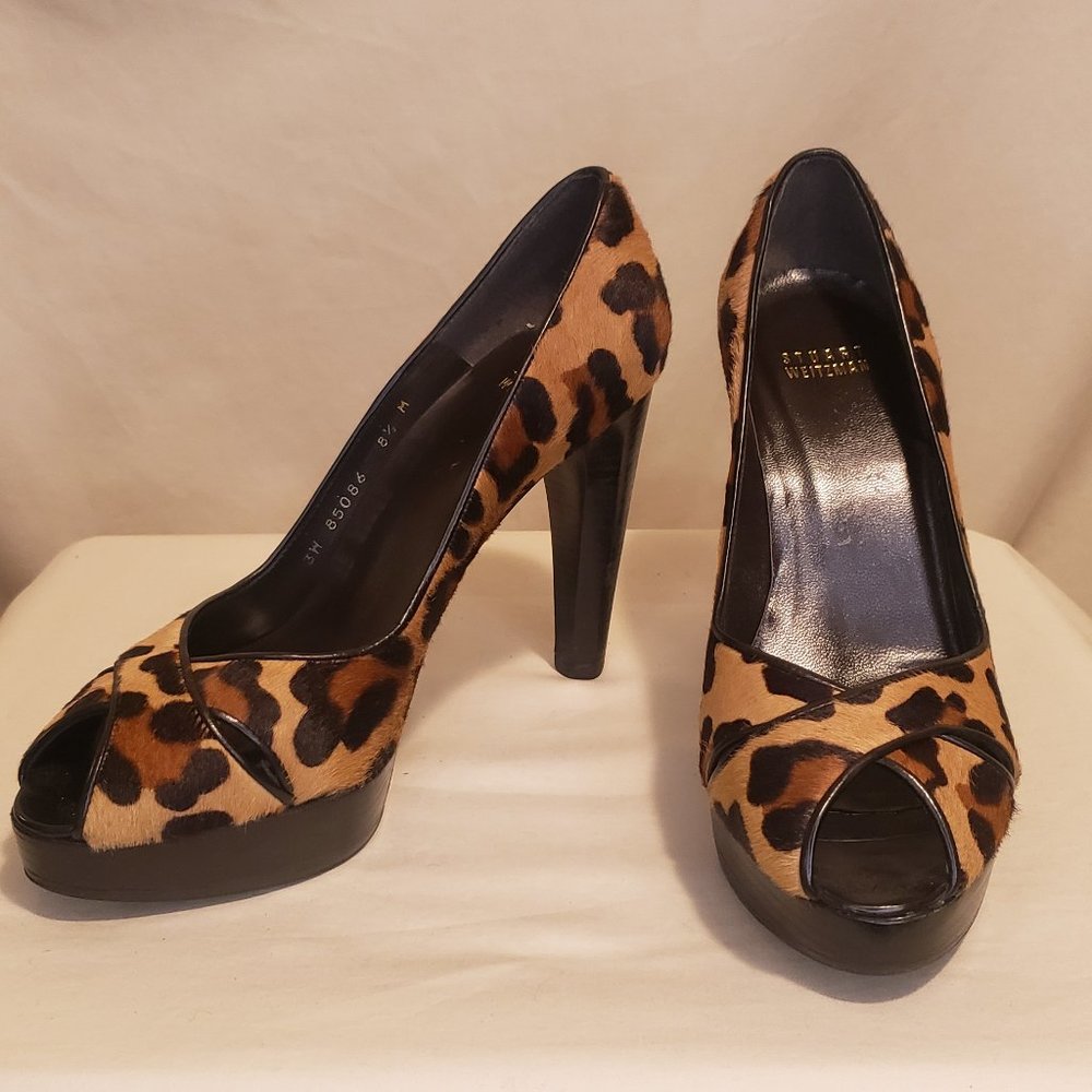Stuart Weitzman Platform Leopard Print Horse Hair Heels, Ladies size 9 M